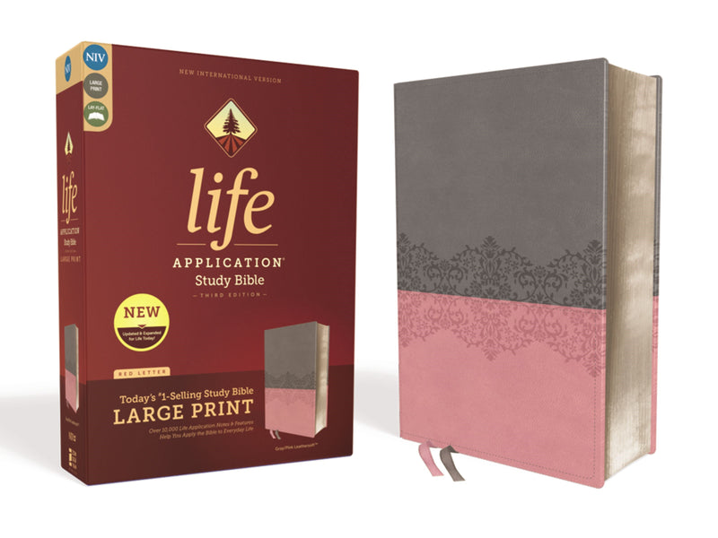 NIV Life Application Study Bible/Large Print (Third Edition)-Gray/Pink Leathersoft