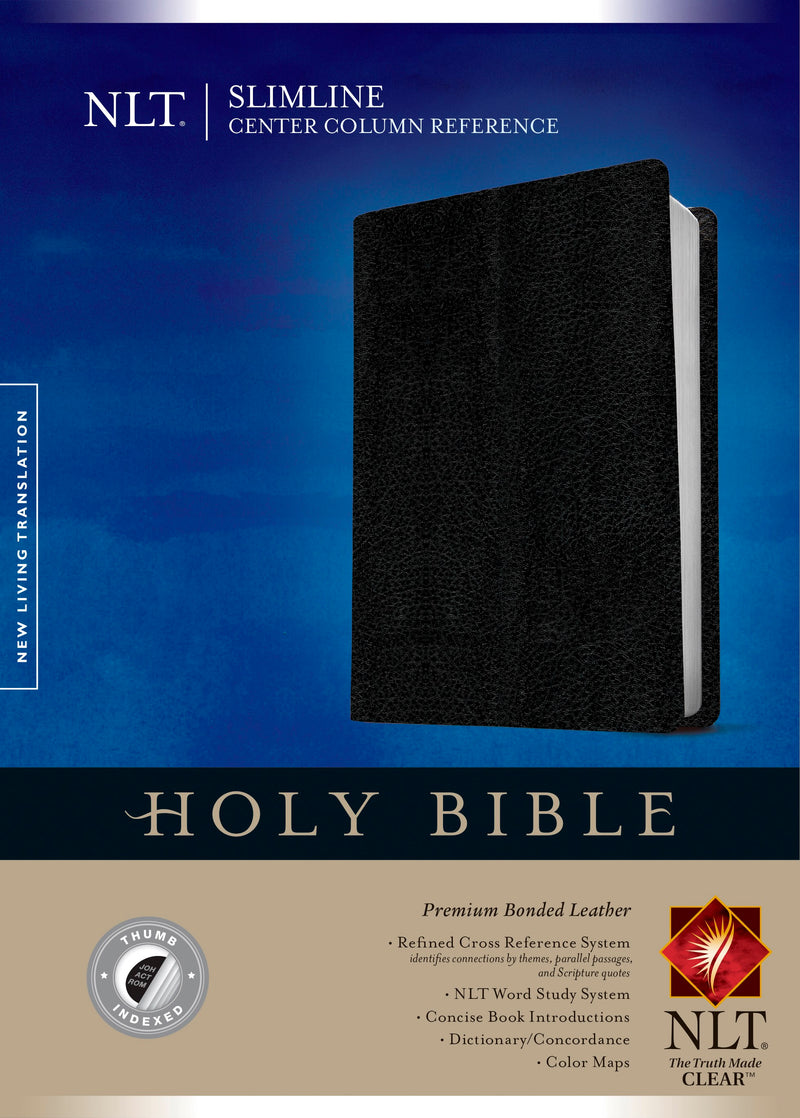 NLT Slimline Center Column Reference Bible-Black Premium Bonded Leather Indexed